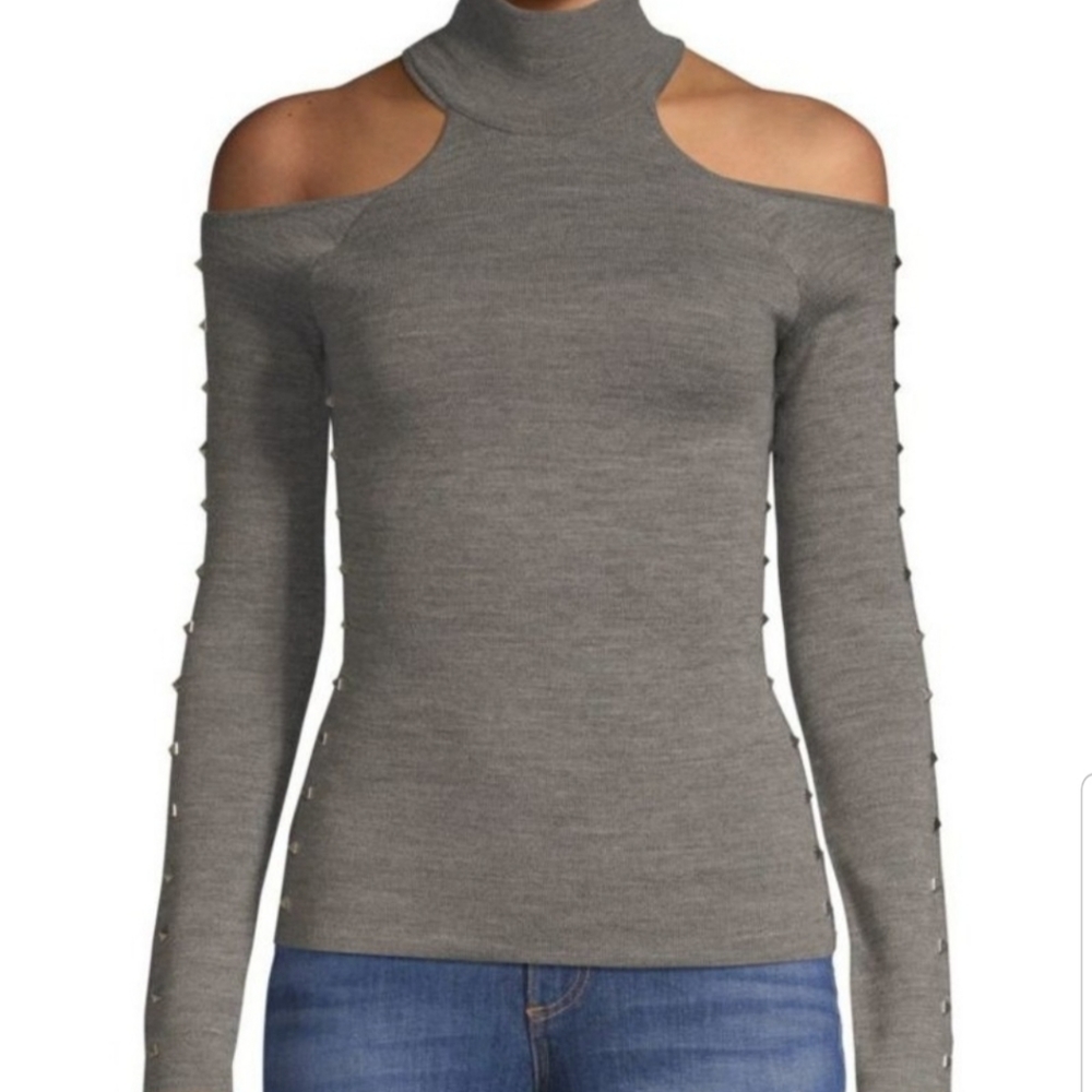 Alice + Olivia Kahlo Wool Turtleneck Grey Women Small Cold Shoulder Sweater